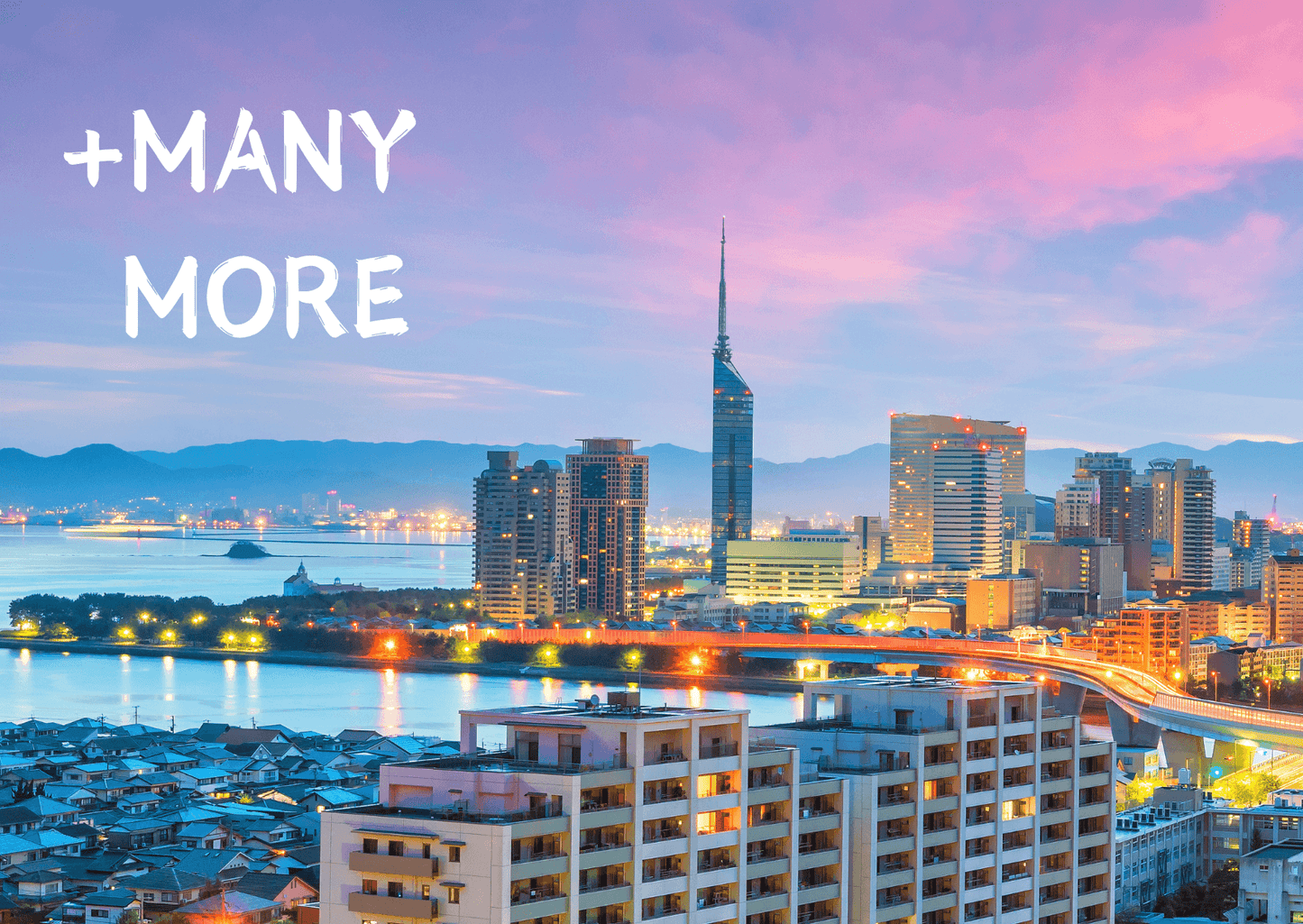 Fukuoka cityscape at dusk with a view of skyscrapers and waterfront, highlighting urban beauty and vibrant lifestyle.