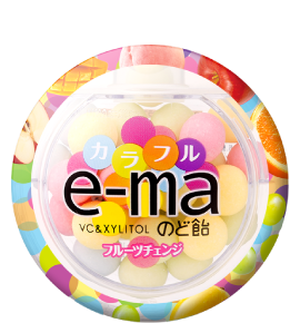 e-ma colorful fruit-flavored cough drops with grape and green mandarin, supports irritated throats, allergens include soybean and dairy