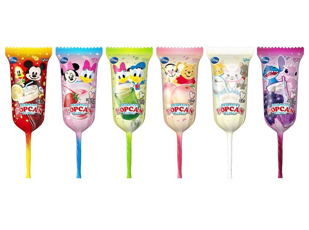 Glico POPCAN Disney Candy with six flavors: cola, strawberry, peach, grape, fruit mix, blue soda, featuring Disney characters.