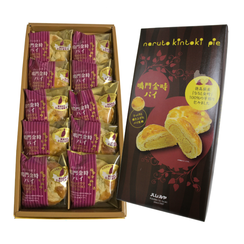 Box of Naruto Kintoki sweet potato pies from Tokushima Prefecture with packaged pastries displayed inside.