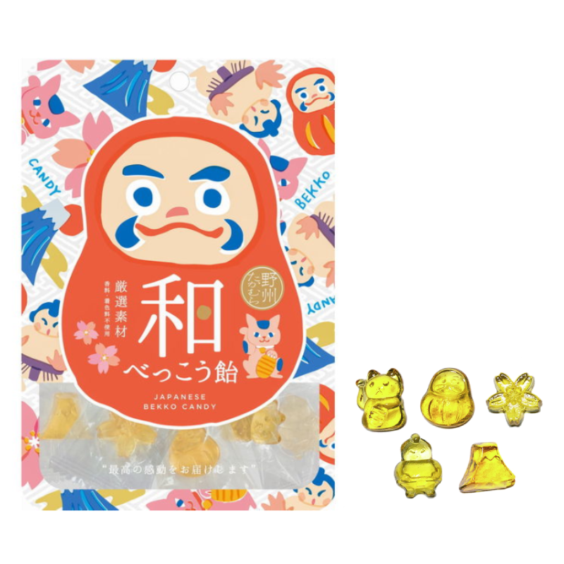 Japanese Bekko Candy Mini with golden Maneki-neko, daruma, sakura, sumo, Mt.Fuji shapes displayed in colorful packaging.