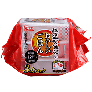 IRIS FOODS Microwavable Instant Japanese Rice in red packaging, showcasing freshness and flavor preservation.