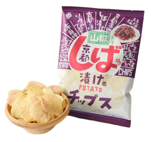 Kyoto Shibazuke style potato chips with sansho in bowl and packaging, featuring a unique red ginger tempura flavor.