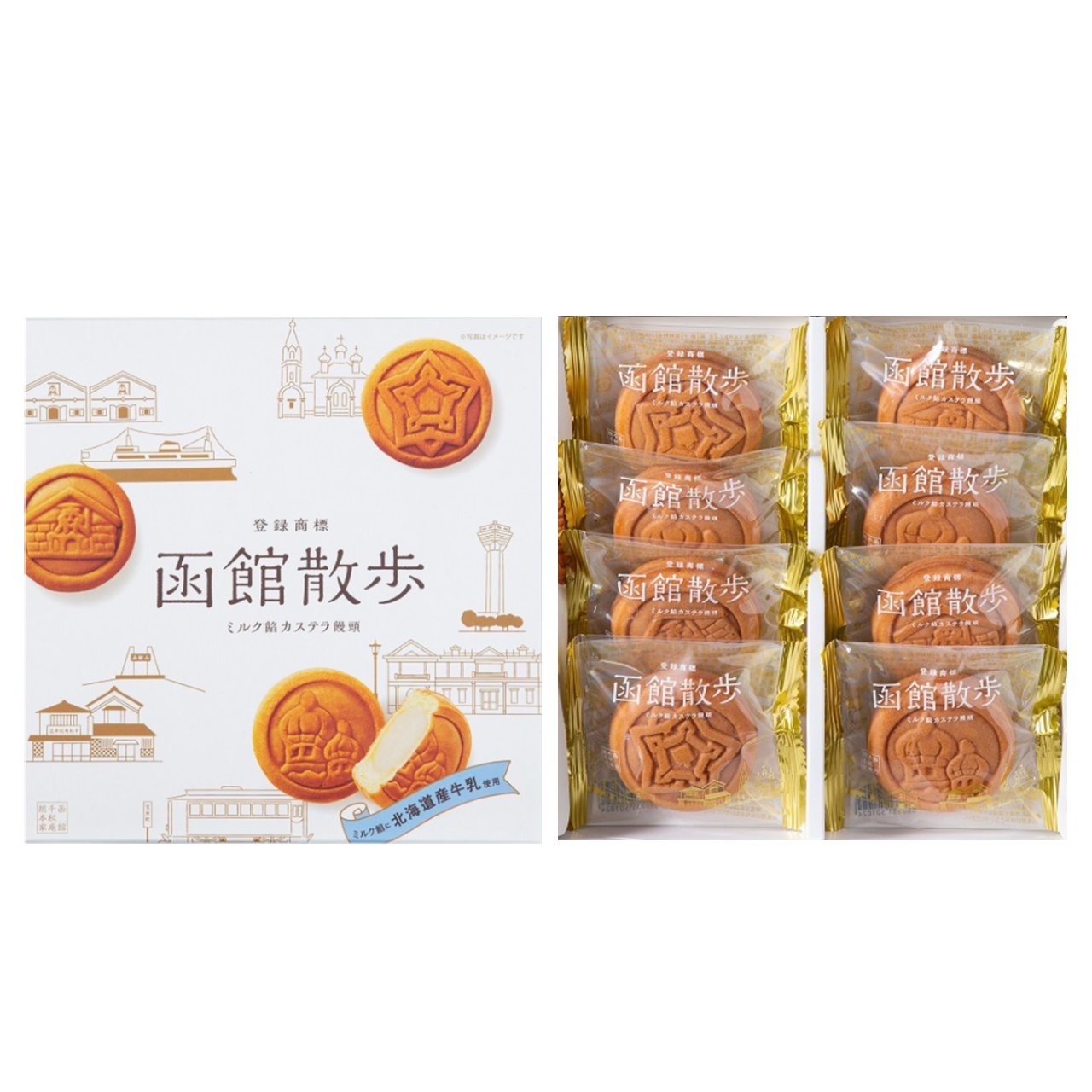 Hakodate Sanpo Castella Manju pack of 8 with azuki bean paste filling, featuring detailed packaging design and product arrangement.