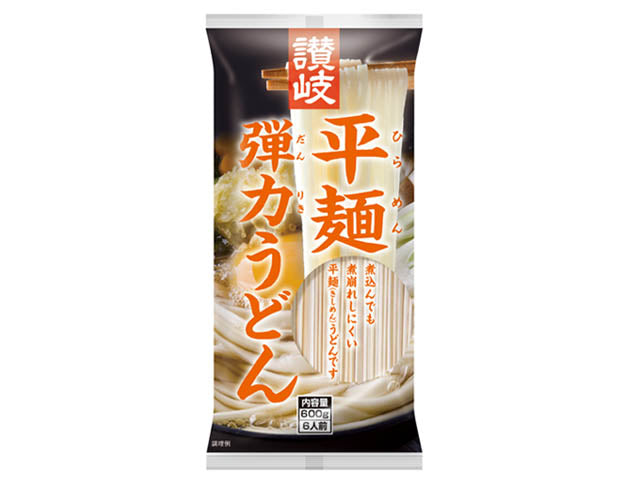 Sanuki Udon 600g package featuring flat, firm wheat noodles, ideal for quick cooking. Highlighted for their chewy texture.