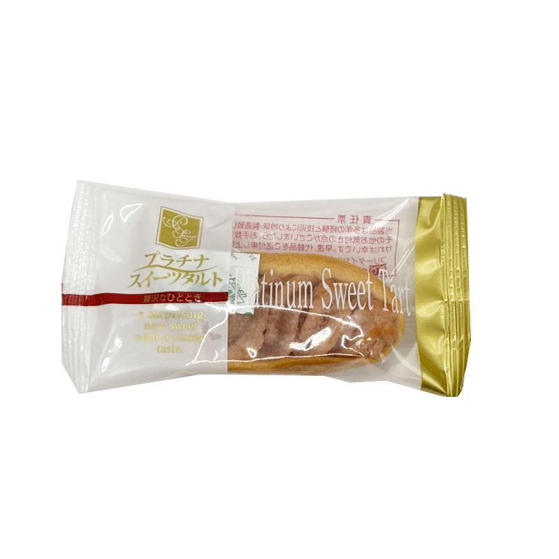 Fukushima Peach Tart with white bean and sweet potato paste, packaged in clear wrapping with gold accents.