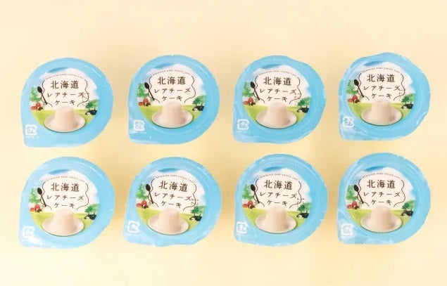 Hokkaido No-Bake Cheese Cake Mini 8P with creamy, melt-in-your-mouth texture. Made from 100% Hokkaido cream cheese. Contains dairy, soybean.