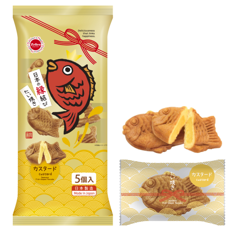 Japanese Enmusubi Taiyaki 5 pieces with chocolate and azuki fillings, fluffy dough, Ghana cacao flavor, allergens noted, 140g pack.