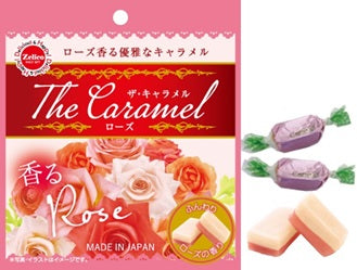 The Caramel Rose flavor candy with peach and rose scent packaging, featuring Hokkaido cream and collagen, made in Japan.