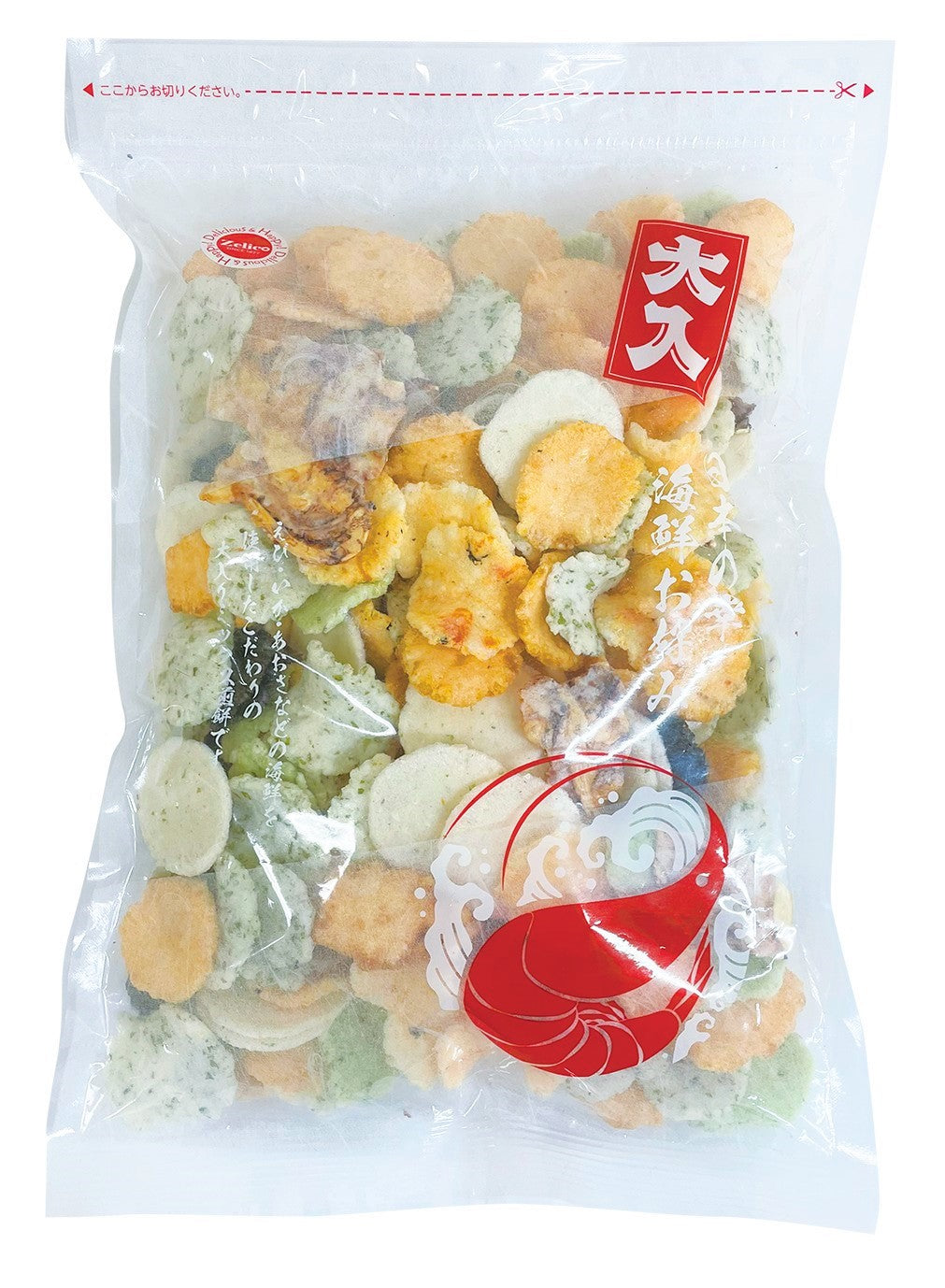 Assortment of Japanese seafood flavored crackers, KAISEN OKONOMI, with shrimp, squid, and mackerel flavors.