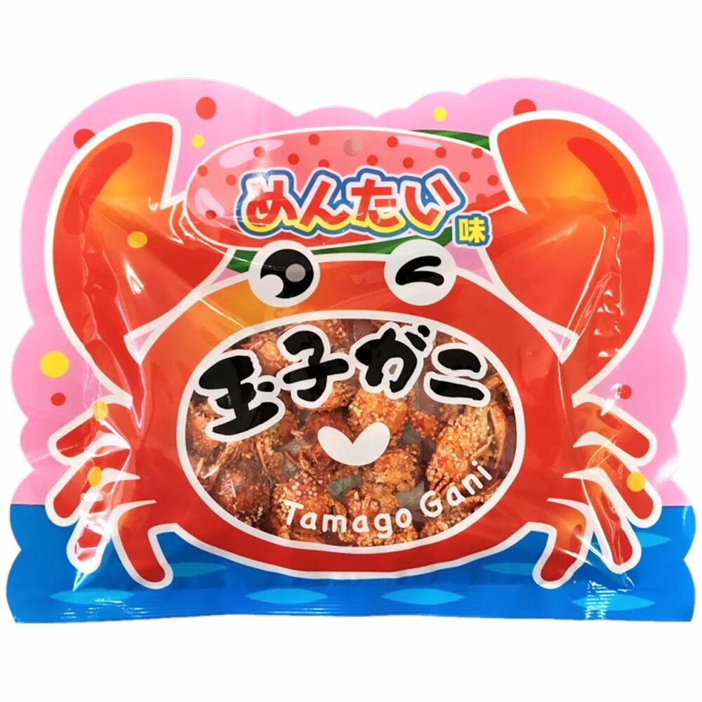 Tamagogani Baby Crab Snack in vibrant packaging, featuring whole bite-size crabs seasoned with mentaiko flavor, rich in calcium.