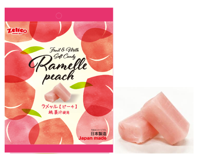 ZELICO Ramelle Peach Fruit & Milk Soft Candy packaging with two soft peach-flavored candies, highlighting smooth texture and allergens.