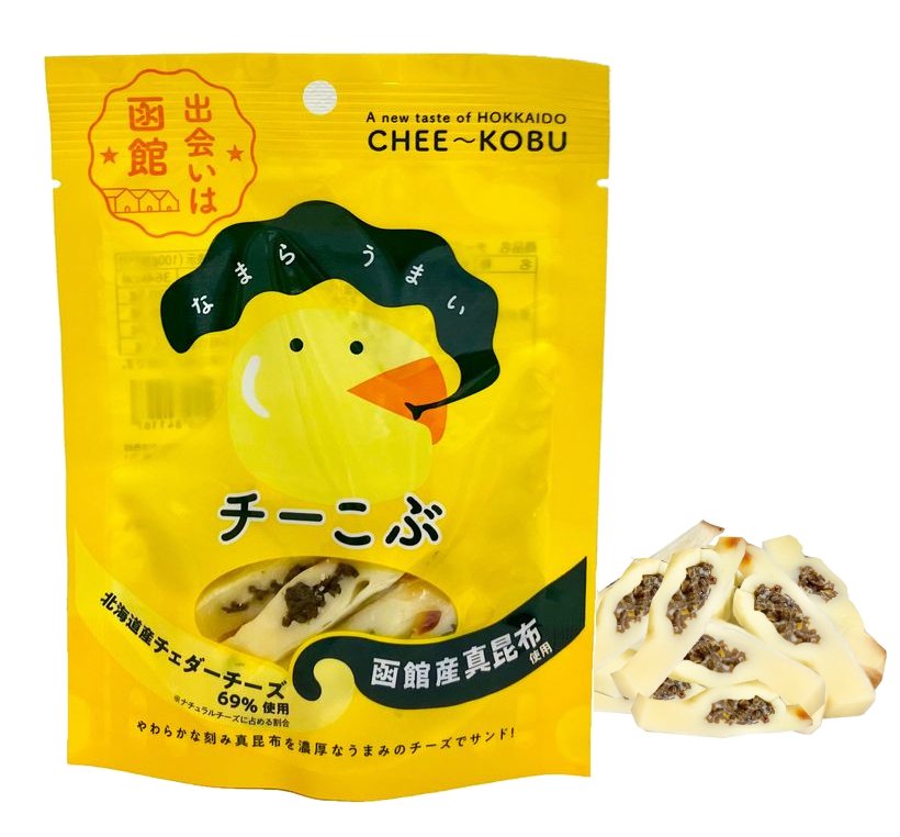 "CHEE-KOBU" Makonbu Cheese Sandwich pack with Hokkaido cheddar and sea kelp, showcasing a savory snack with dairy and wheat allergens.