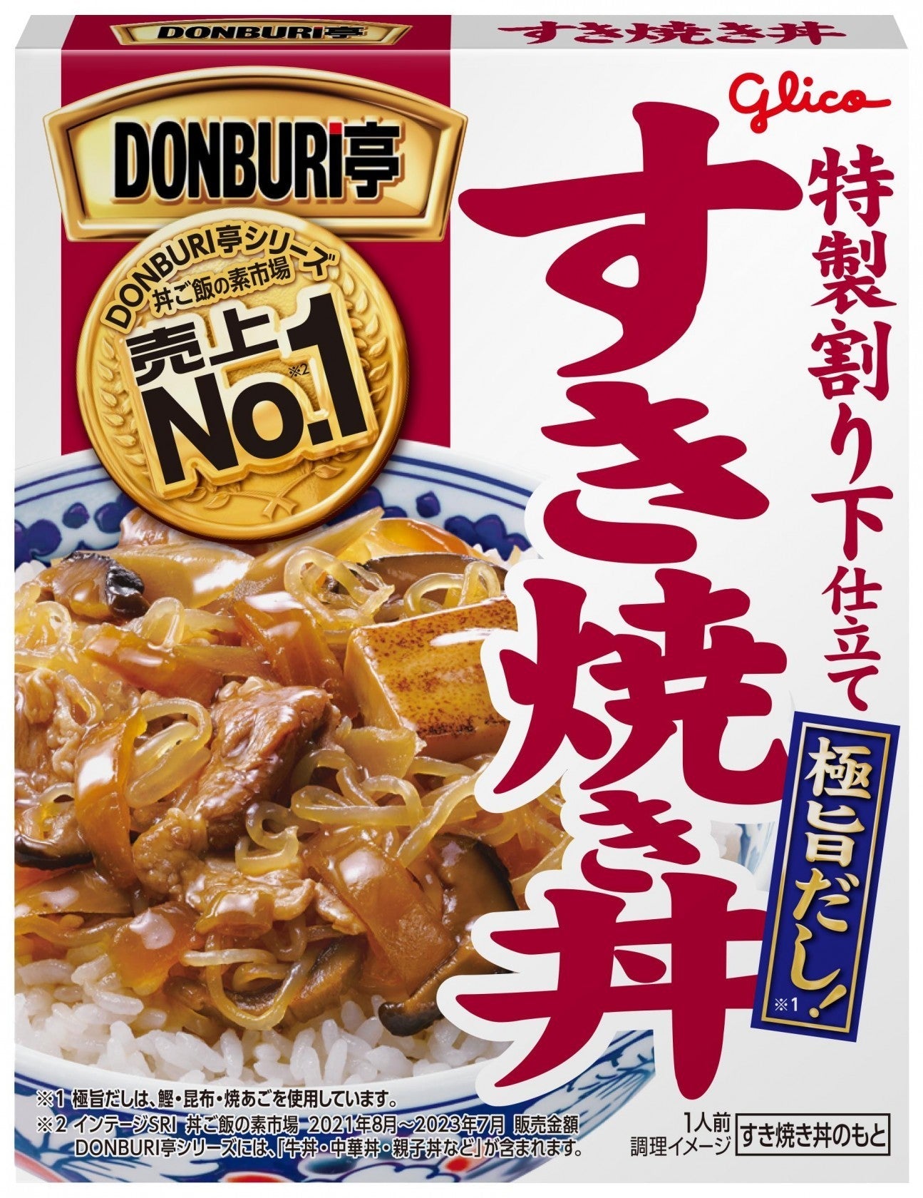 Glico DONBURI TEI Sukiyaki Rice Bowl packaging, featuring beef and vegetables simmered in savory dashi sauce.