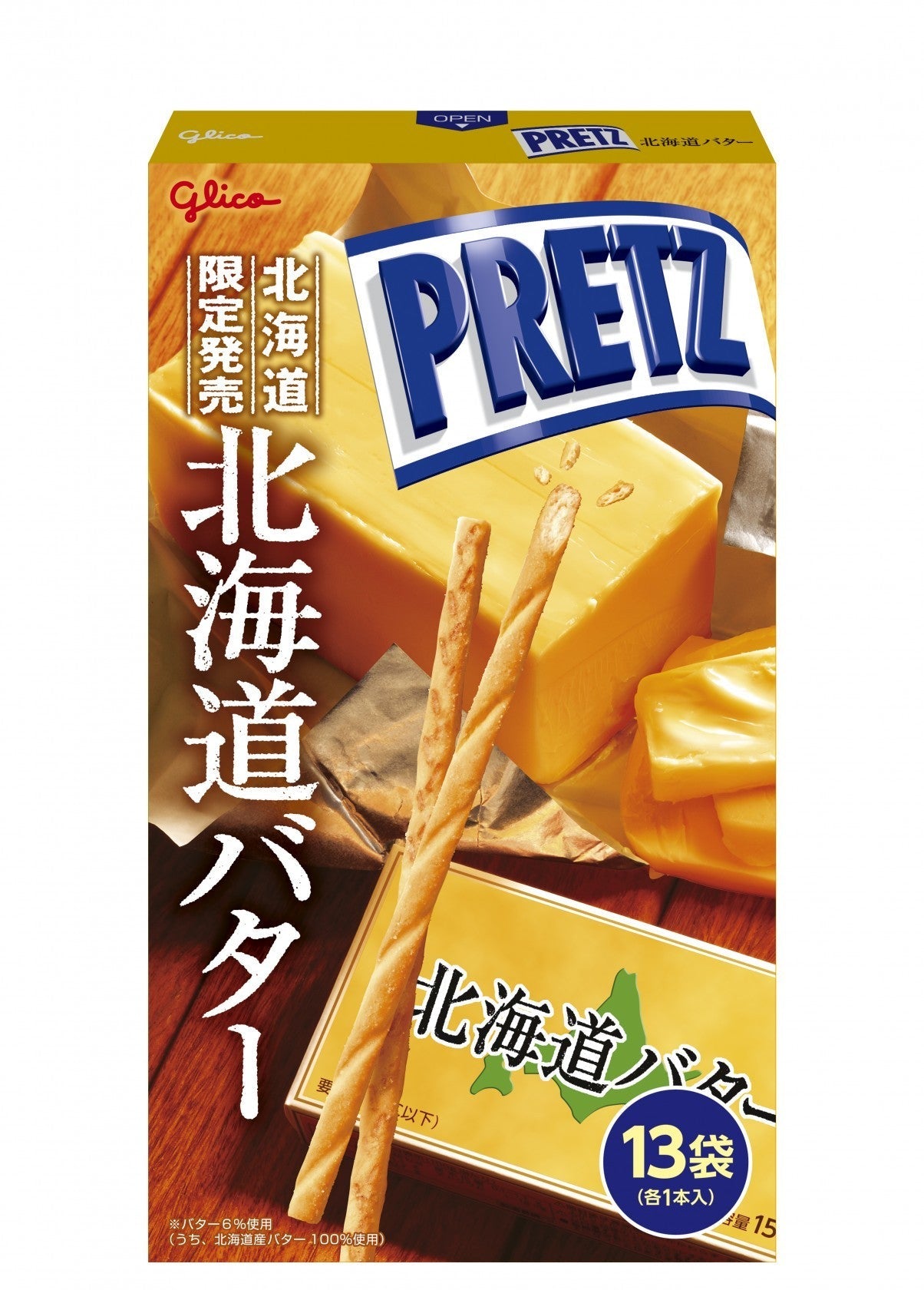 Glico Giant PRETZ Pretzel Sticks with Hokkaido Butter flavor, box of 13 bags, featuring wheat, dairy, and soybean.
