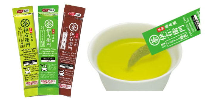 Ujinotsuyu-Seicha IYEMON instant tea sticks and brewed cup, includes green tea, genmaicha, and hojicha, served hot or cold.