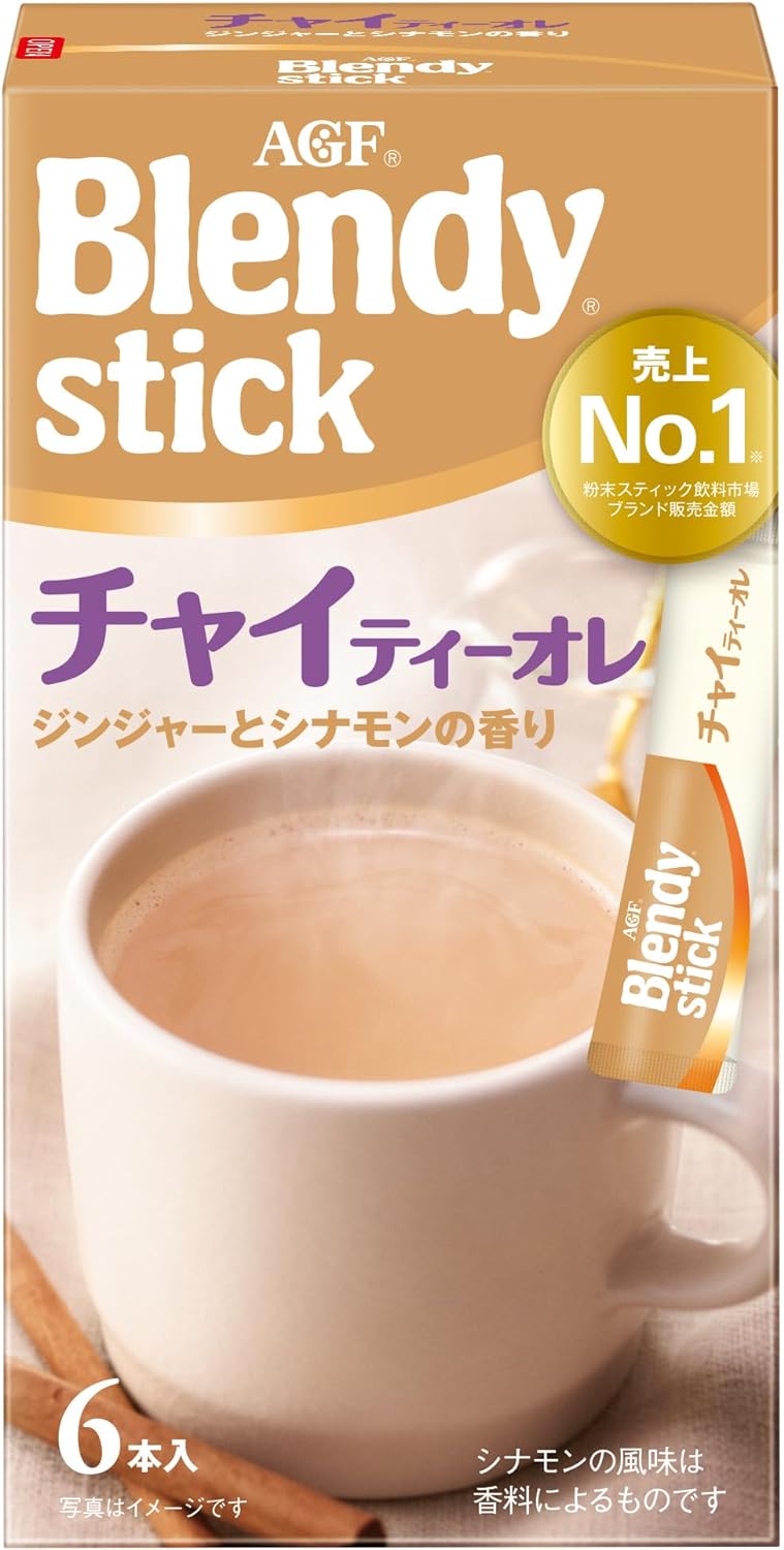 AGF Blendy Stick Instant Coffee in a mug with packaging, highlighting chai tea latte with ginger and cinnamon flavor, 6 servings.