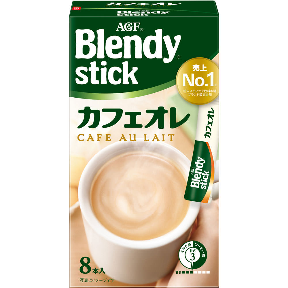 AGF Blendy Stick Instant Cafe au Lait 8-pack with creamy flavor, featured in green packaging.