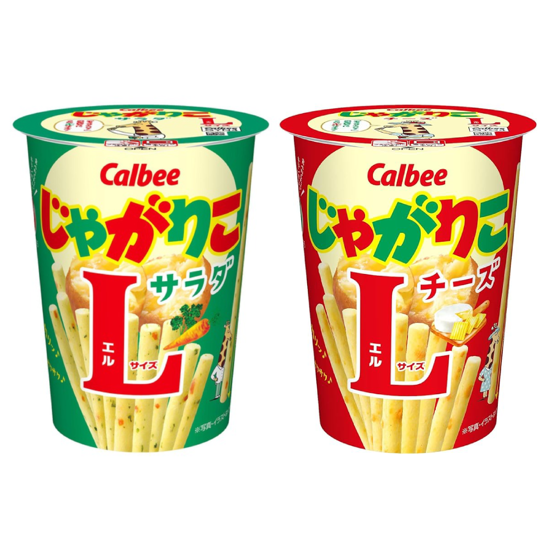 Jagarico L Size potato snacks in salad and cheese flavors, with colorful packaging and crunchy sticks, common allergens: dairy, soybean.