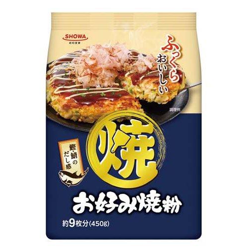 Bag of Okonomiyaki Flour 450g featuring a fluffy okonomiyaki with bonito and mackerel dashi, wheat and fish allergens.