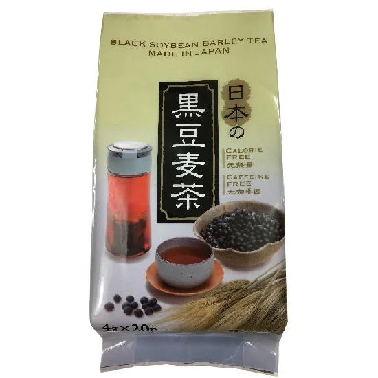 Japanese barley tea bag with roasted black soybeans, caffeine-free, perfect for 300ml-500ml bottles, made in Japan packaging.