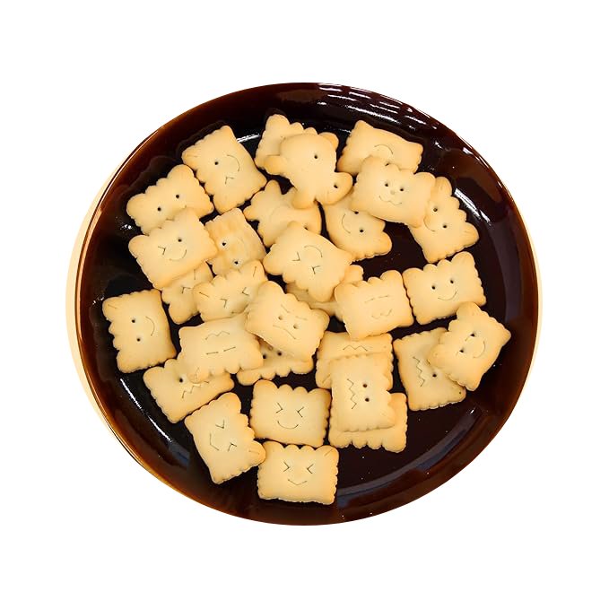 Plate of crab-shaped biscuits, slightly sweet cookies with bifidobacteria and calcium, 60g. Contains wheat and sesame.