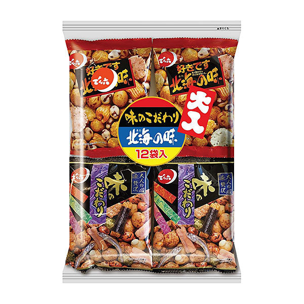 DENROKU Bean Snack Pair Pack with assorted fish, rice crackers, and bean snacks. Contains allergens: egg, dairy, wheat, and more.