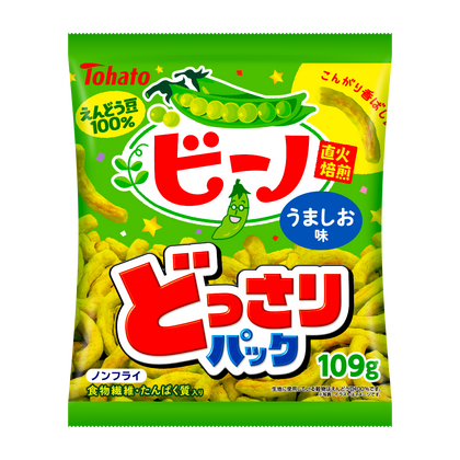Value Pack Beano Bean Snack Salt 109g, non-fried pea snacks with savory bean flavor and allergens: dairy, wheat, soy, chicken, pork.