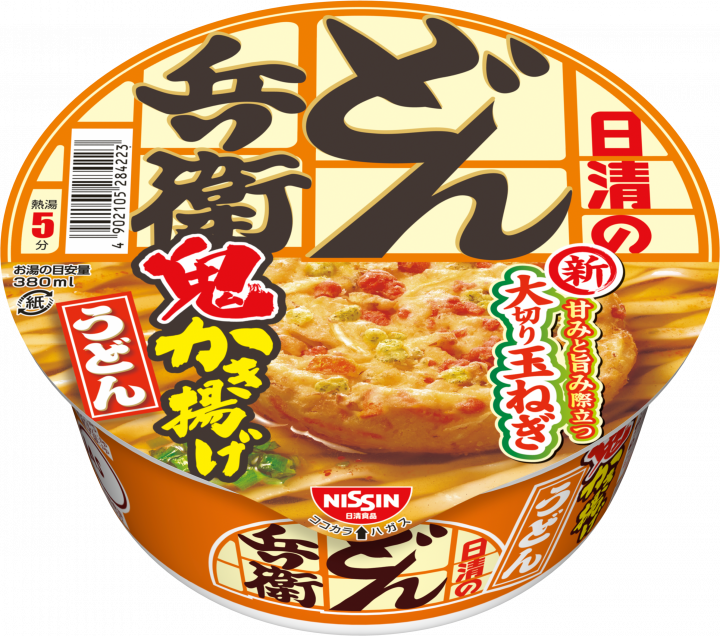 Donbei Kaki-age Tempura Udon, instant noodles in broth with bonito aroma, featuring hearty fried tofu and onion, by Nissin.