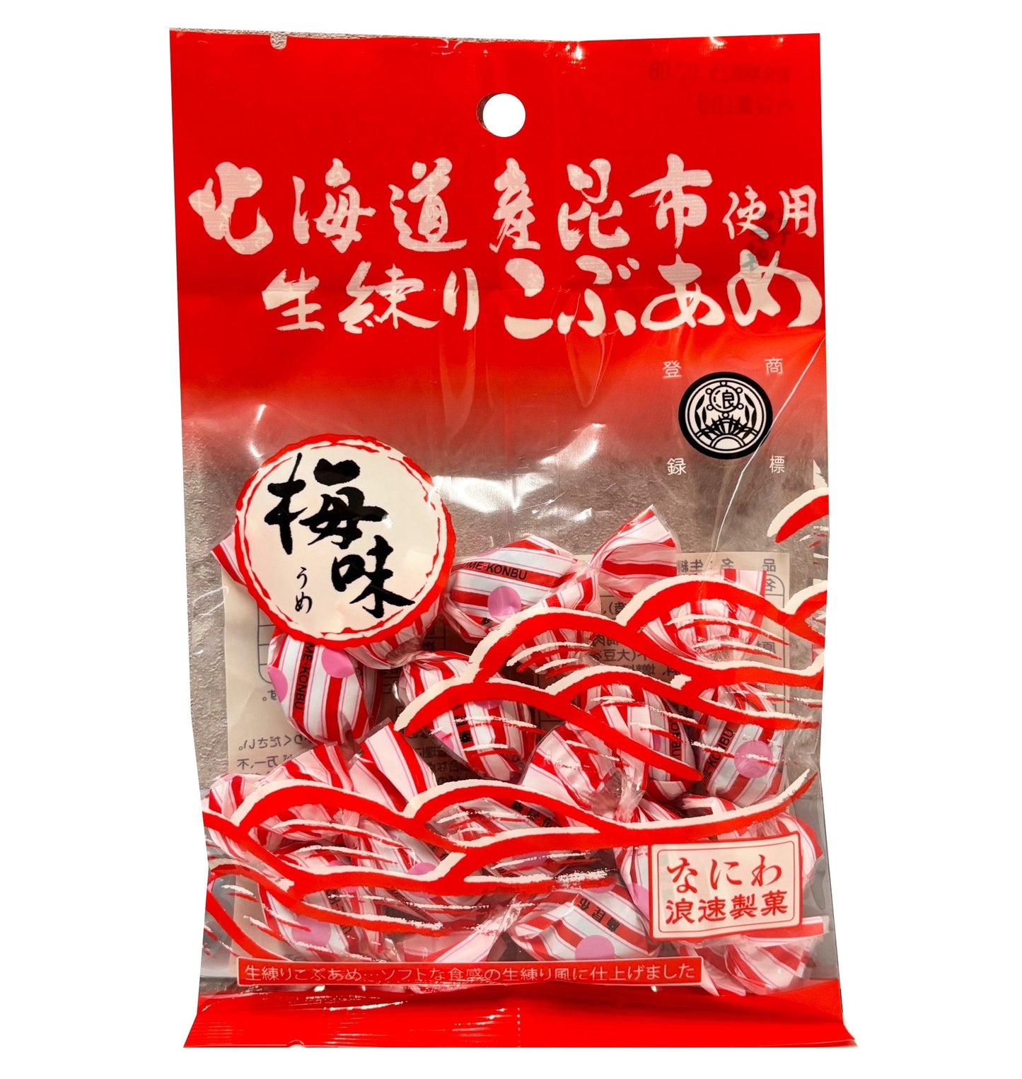 Kneaded Kelp candy in red packaging, made with Hokkaido seaweed and starch syrup, featuring Japanese text on wrapper. Contains wheat and soybean.