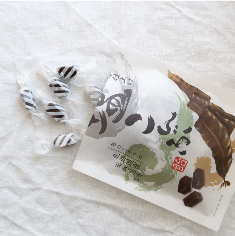 Salt Kelp Candy from Hokkaido, soft and subtly salty with kelp and starch syrup, packaged with Korean writing, wheat and soybean allergens.