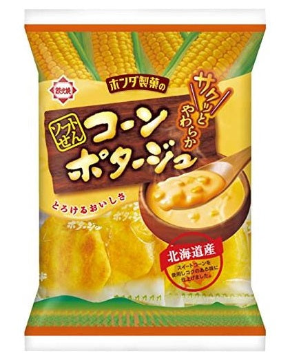 Corn Porage Rice Cracker 72g with Hokkaido sweet corn and cheese flavor, highlighting wheat, dairy, sesame, soybean allergens.