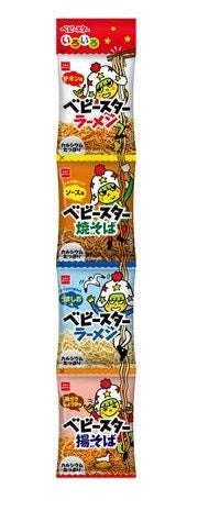 Baby Star Ramen Snack pack with 4 flavors: Chicken, Yakisoba Sauce, Salt, Chicken Soy Sauce. Ideal for ramen snack lovers.