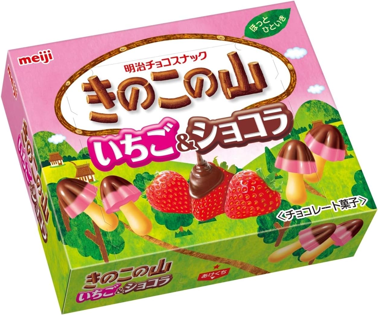MEIJI Kinoko no Yama Chocolate Snack box with strawberry and chocolate treats, featuring rich chocolate and crispy crackers.