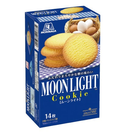 Moon Light Butter Cookie 14P box with crispy, melt-in-your-mouth cookies, featuring a mild egg flavor and allergen information.