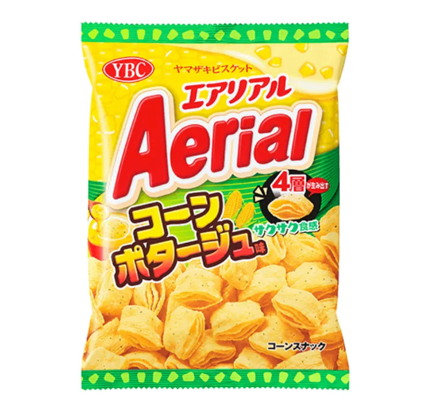 YAMAZAKI Aerial Corn Snack packaging showcasing light, layered corn chips with cheddar flavor and German AlpenSalz.