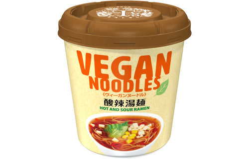 Cup of vegan noodles, hot and sour flavor, free from animal ingredients, ideal for vegans. Contains wheat, soybean, sesame.