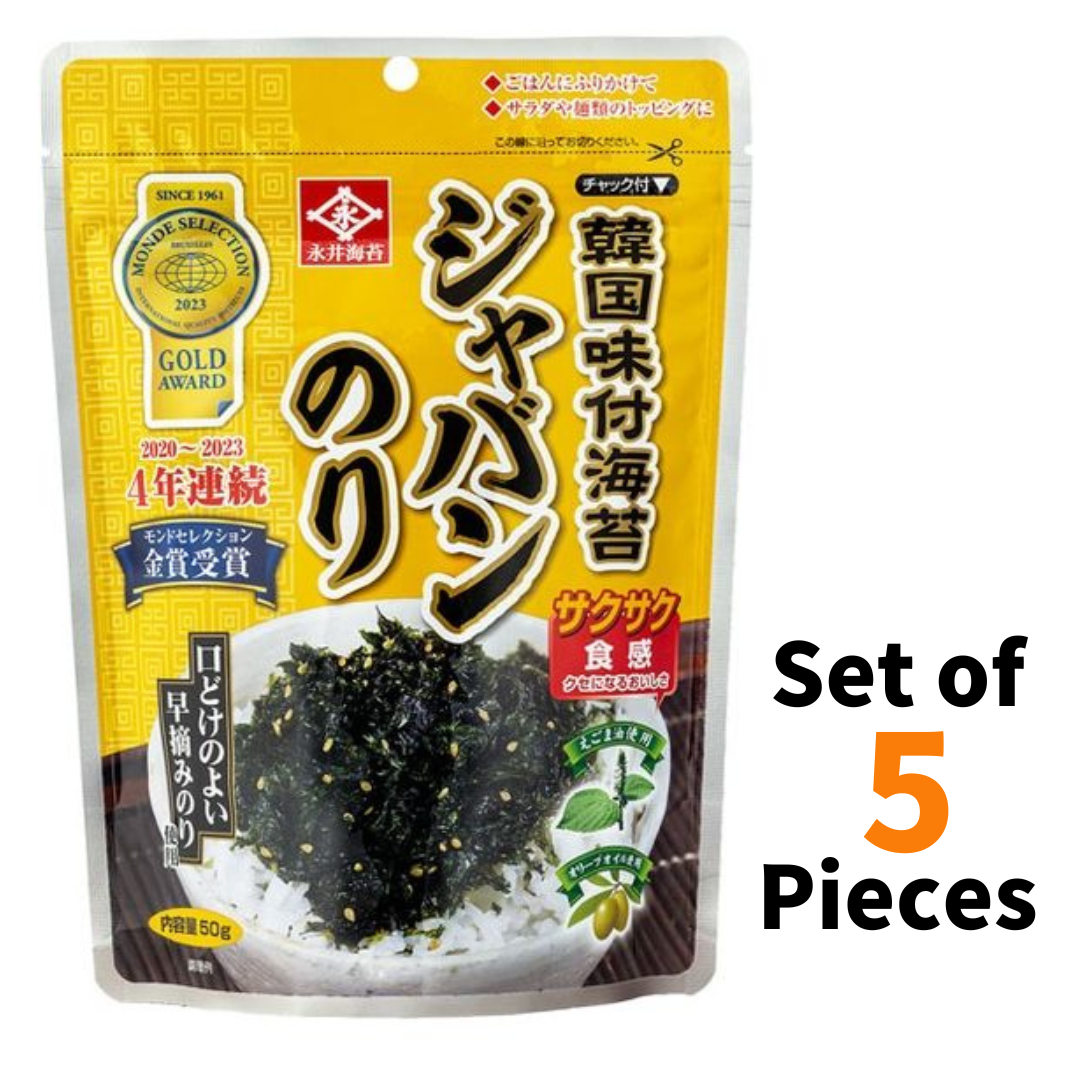 Nagai Korea Seasoned Seaweed Nori Japan 50g ×5P, savory-fried with sesame and olive oils, set of 5. Perfect for snacking or meals.