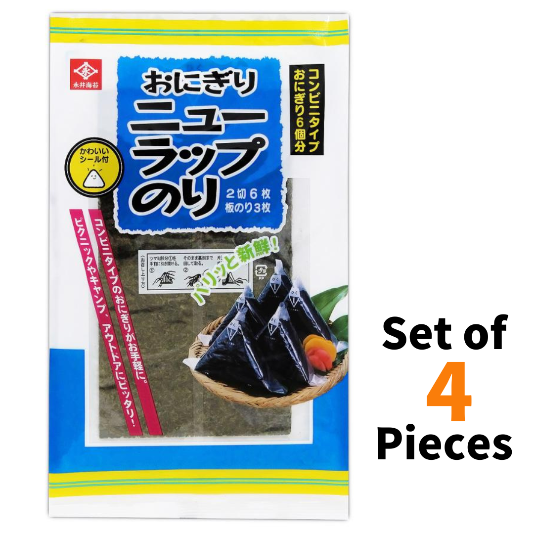 Roasted seaweed nori pack for onigiri, set of 4, suitable for rice balls. Includes seal, ideal for picnics or lunchboxes.