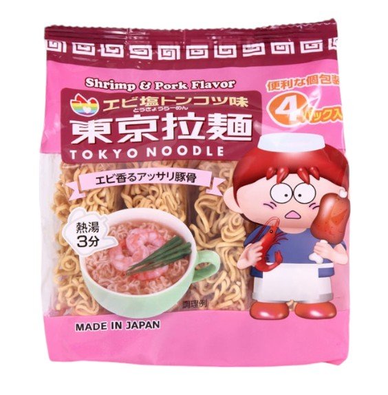 Tokyo Noodle Shrimp Salt Tonkotsu instant noodles, featuring Kyushu tonkotsu and shrimp flavor, ready in 3 minutes. Made in Japan.