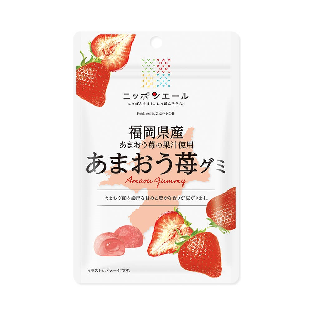 Nippon-yell Fukuoka Amaou Strawberry Gummy packaging with strawberries, highlighting sweet, aromatic flavor from Fukuoka prefecture.