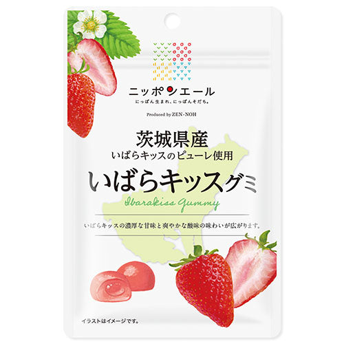 Nippon-yell Ibaraki Strawberry Gummy made from Ibarakissu puree, featuring sweet and sour flavors. Packaging front view.