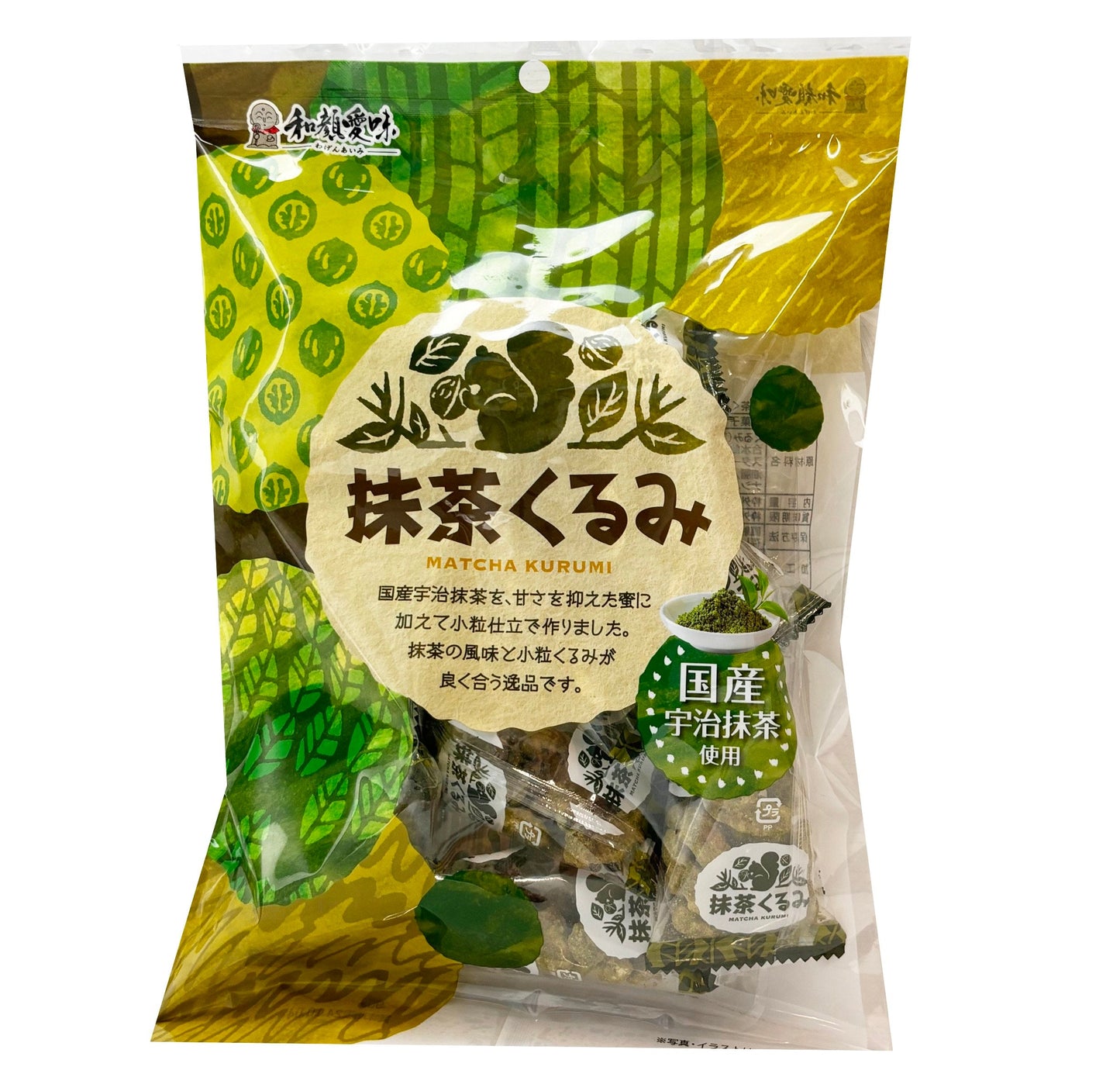 ICHIEI FOODS Matcha Kurumi Walnut Snack Pack with Green and Brown Design, Featuring Matcha Sugar Coated Walnuts, 140g.
