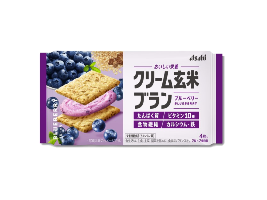 Asahi Cream Brown Rice Blanc with blueberry cream, featuring protein, vitamins, fiber, calcium, and iron; packs four pieces.
