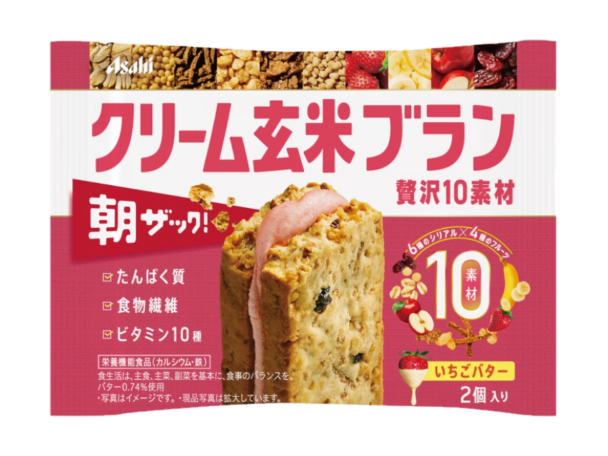 Asahi Cream Brown Rice Blanc with cereals, nuts, milk cream, showcasing crunchy texture and crispy ingredients. Contains allergens.