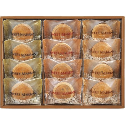 Box of Sweet Marron Tarts made with chestnut, brown sugar, and caramel, individually wrapped and labeled, 12 pieces.