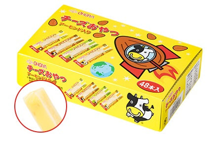 Box of Cheese Snack Stick 48P with Camembert and fish paste; allergen info includes dairy, wheat, soybean, fish, and almonds.