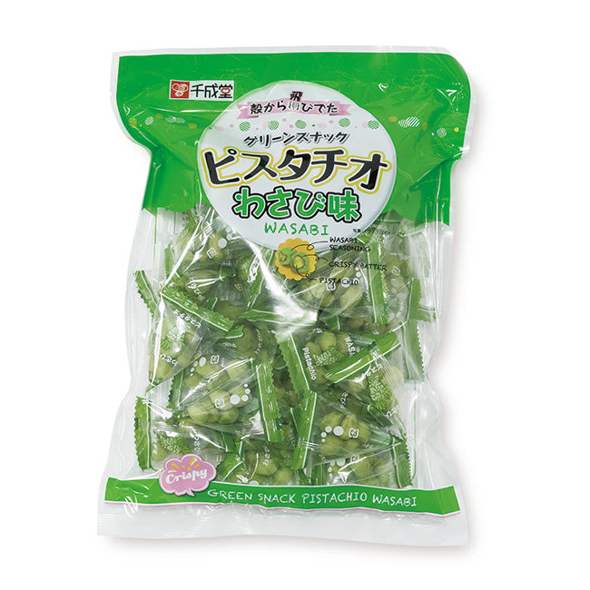 Package of Green Snack Pistachio Wasabi flavor, featuring shell-less pistachios in crispy batter with wasabi spiciness, 200g bag