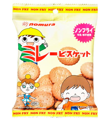 Bag of Nomura non-fried millet biscuits with a crunchy texture, lightly salted with sun-dried sea salt, featuring cartoon character design.