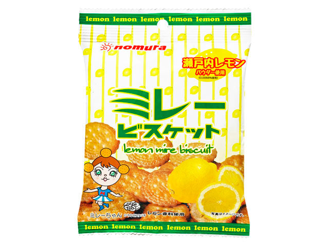 Packaging of Nomura lemon-flavored fried biscuits with vibrant lemon imagery and colorful graphics.